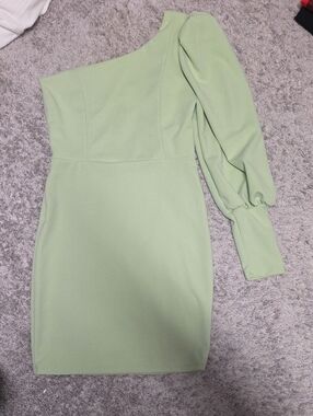 One-Shoulder Sage Green Mini Dress with Puff Sleeve